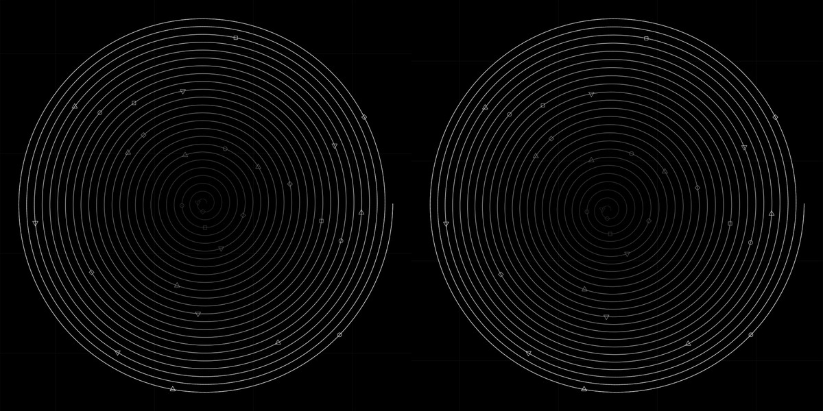 Un esempio di arte generativa scritto nel linguaggio R. Due spirali bianche su uno sfondo nero, con il colore che sfuma al nero andando verso il centro. Sulle linee ci sono piccole figure geometriche distribuite in modo casuale.