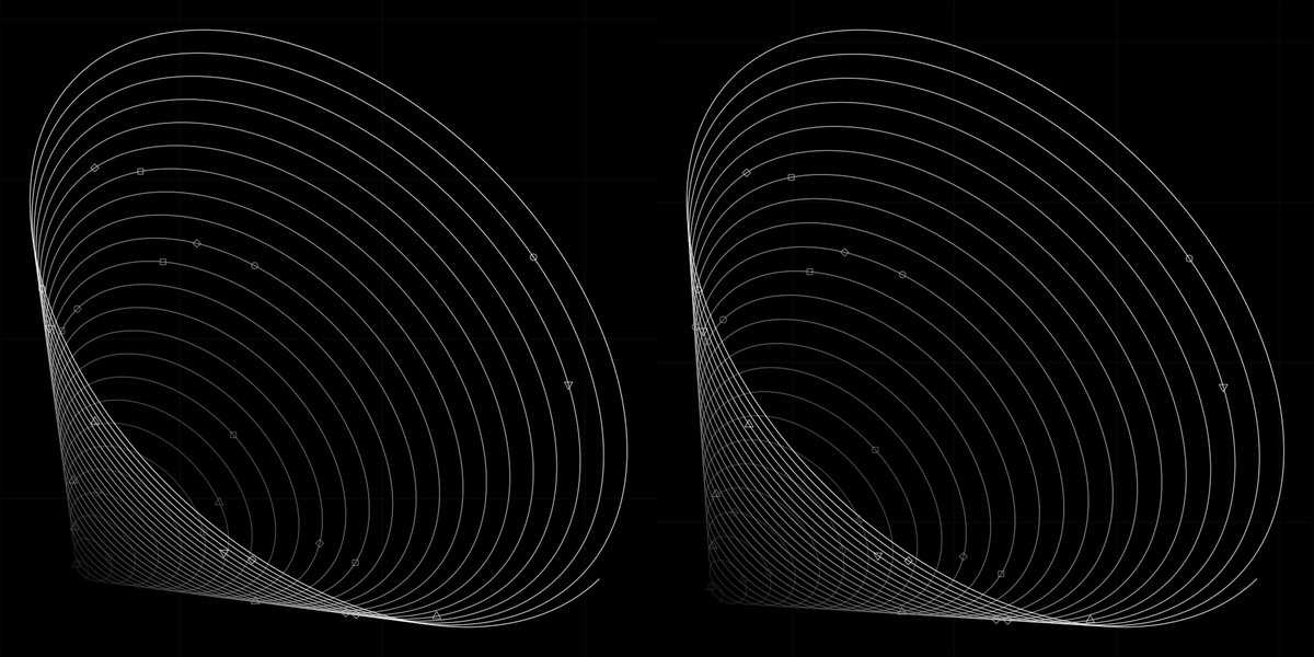 Un esempio di arte generativa scritto nel linguaggio R. Due spirali bianche su uno sfondo nero, disposte di tre quarti rispetto all'osservatore, con il colore che sfuma al nero andando verso il centro. Sulle linee ci sono piccole figure geometriche distribuite in modo casuale.