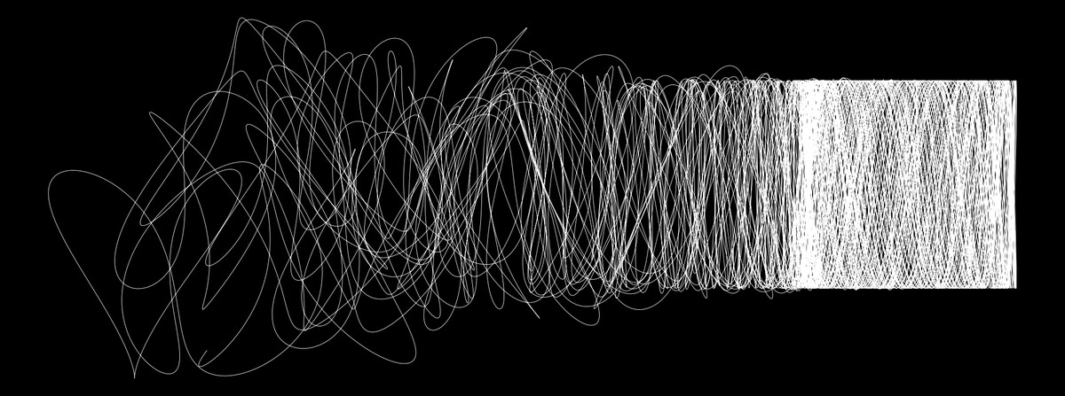 Un esempio di arte generativa scritto nel linguaggio R. Linee bianche su uno sfondo nero, disposte in modo da ricordare un rocchetto di filo parzialmente srotolato.