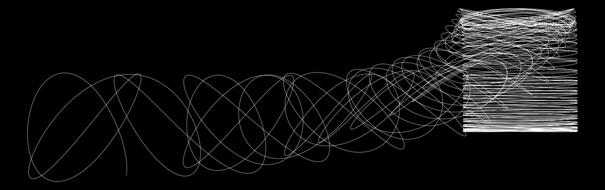 Un esempio di arte generativa scritto nel linguaggio R. Linee bianche su uno sfondo nero, disposte in modo da ricordare un rocchetto di filo parzialmente srotolato.