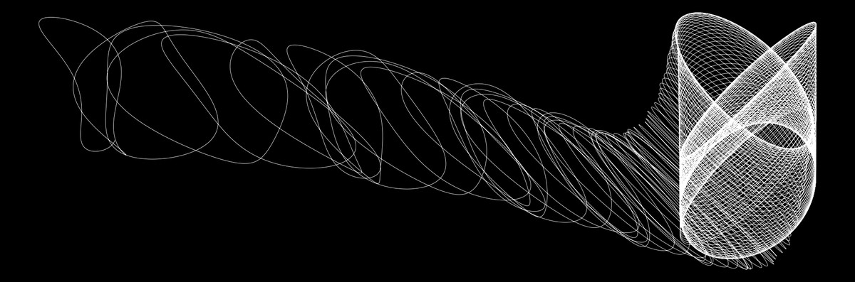 Un esempio di arte generativa scritto nel linguaggio R. Linee bianche su uno sfondo nero, disposte in modo da ricordare un rocchetto di filo parzialmente srotolato.